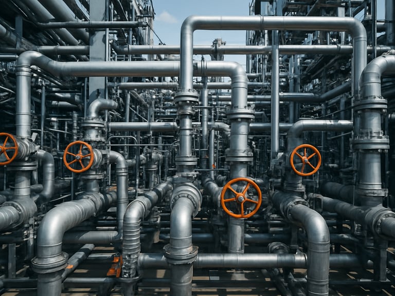 Wide shot of high-pressure piping manifold in a petrochemical plant, cool steel tones, sharp focus, 35mm