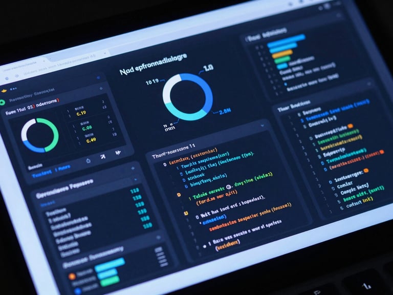 Macro shot of a high-fidelity UI mockup displaying website performance metrics and code snippets, cool blue backlighting, dark mode aesthetic, sleek tech photography