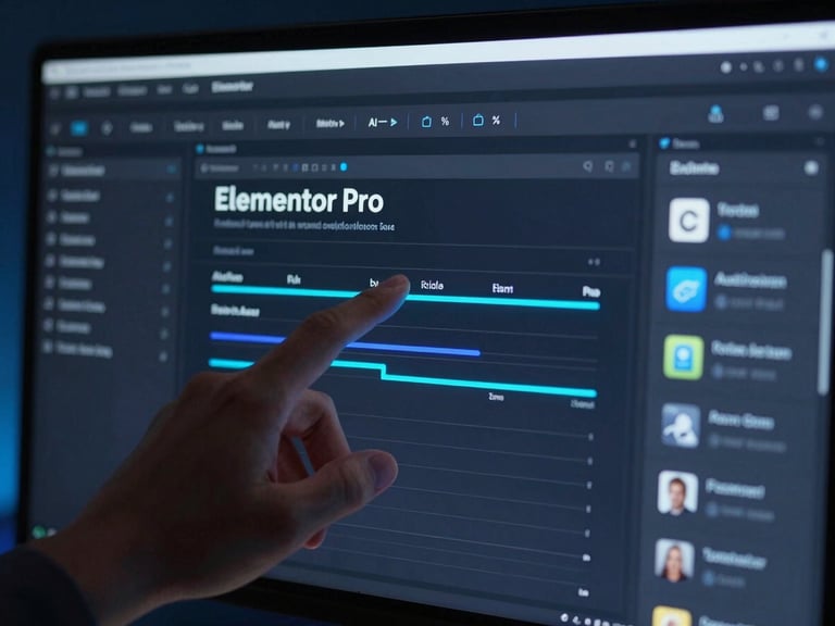 Close-up of a designer's hand interacting with Elementor Pro interface on a large monitor, subtle blue glow, clean workspace, dark mode, sleek tech photography