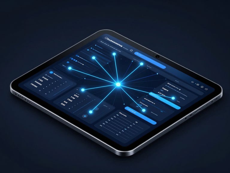 Isometric view of a modern e-commerce dashboard on a tablet, glowing blue lines connecting data points, dark background, sleek tech photography