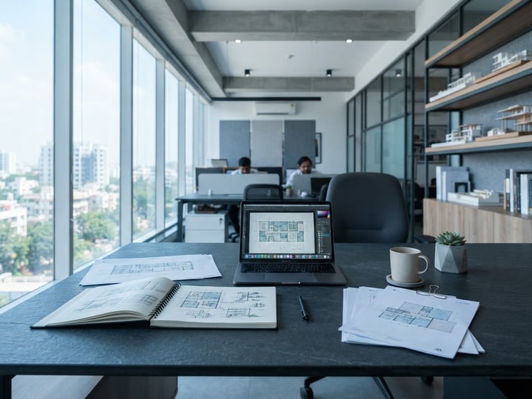A bright modern corporate office workspace in Nellore, clean documents on a slate desk, cool natural daylight, professional architectural details.