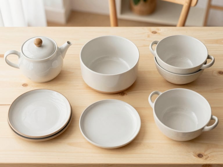 Overhead flat-lay of beautifully organized kitchen utensils on a warm cream wooden tabletop, soft natural morning light, inviting domestic scene