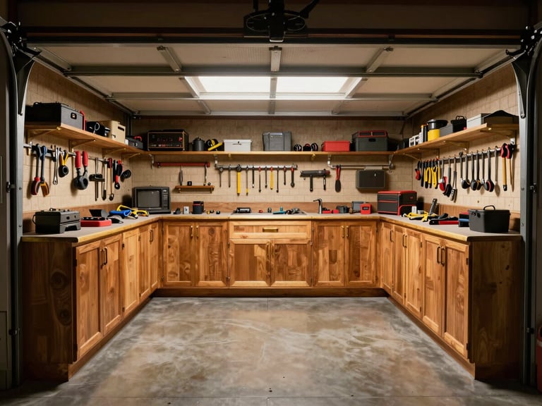 Symmetrical view of a dust-sealed garage interior, custom cabinetry with warm gold hardware, perfectly aligned wall tracks holding tools, polished concrete floor.