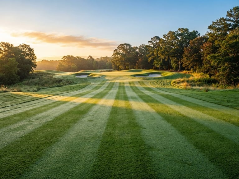 Early morning golden-hour light over an empty, pristine fairway, dew clinging to perfect turf lines, wide-angle landscape, 35mm