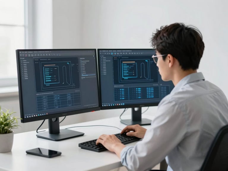 A software engineer analyzing system architecture diagrams on dual monitors, clean tech workspace, bright daylight, sharp focus