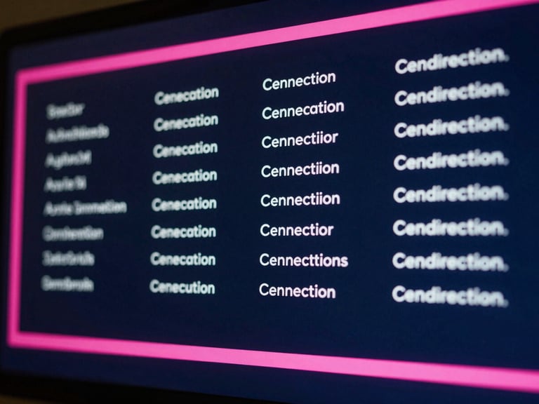 Macro close-up of a polished presentation slide design on a screen, neon magenta accent lines, clean columns of text, dark navy background, cinematic soft light