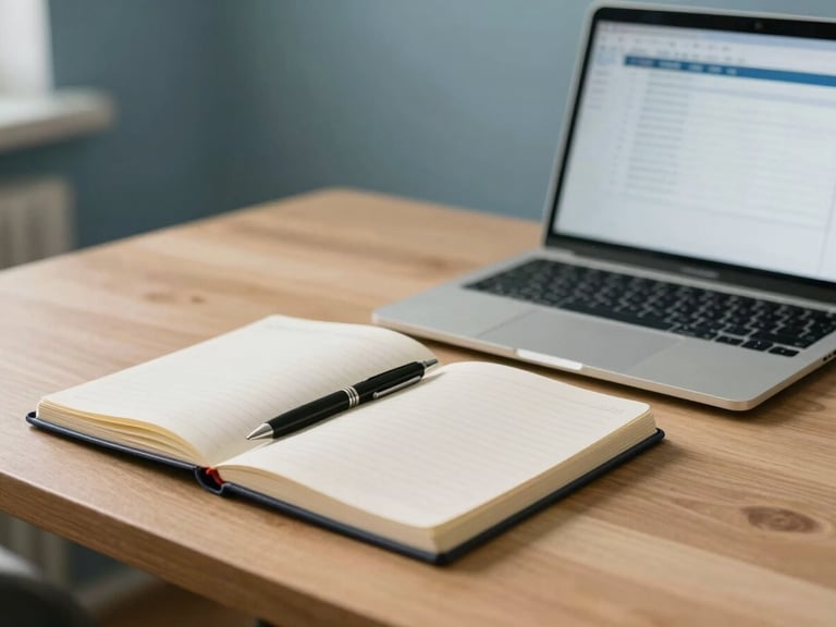 A clean home office desk with a notebook, a pen, and a laptop showing a clean spreadsheet, soft side light, 35mm