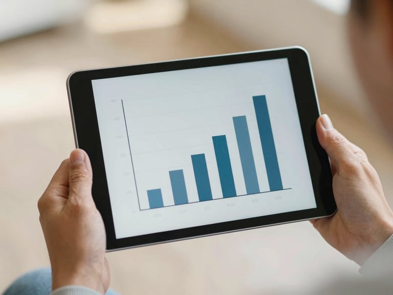 Hands holding a clean digital tablet showing a simple bar chart, warm natural daylight, shallow depth of field, 35mm