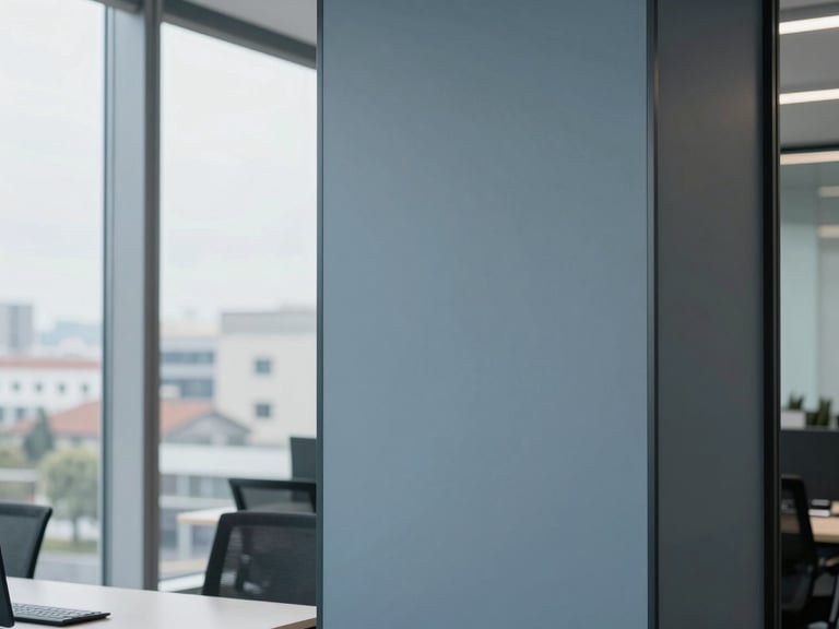 Architectural details of a contemporary corporate workspace, clean lines, soft slate tones, natural overcast light