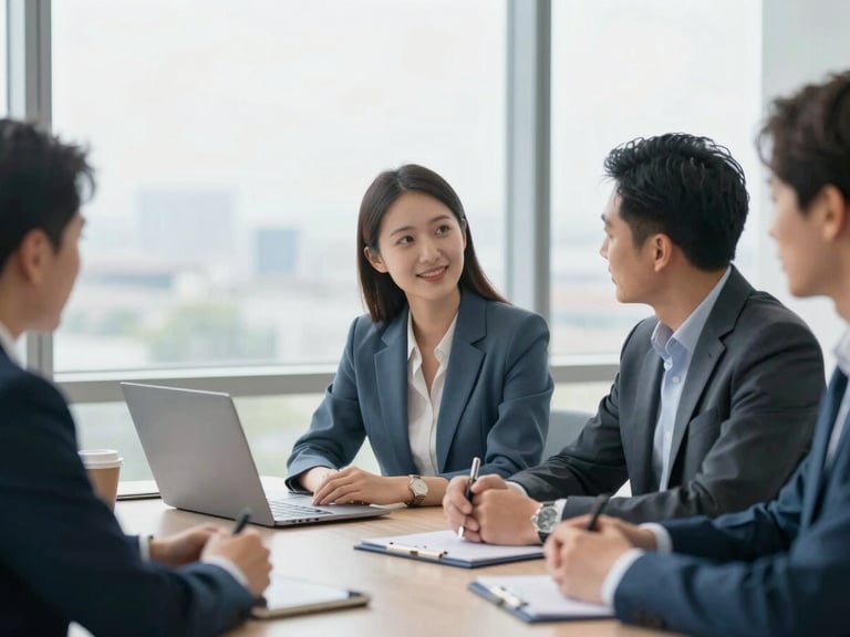 Collaborative meeting in a bright modern office with large windows, natural daylight, professional editorial photography, shallow depth of field