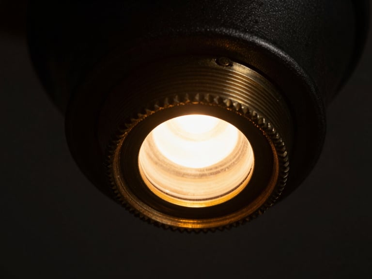 Macro close-up of a hand-brushed brass joint on a lighting fixture, warm glow emanating from within, deep shadows, high contrast, intricate detail.
