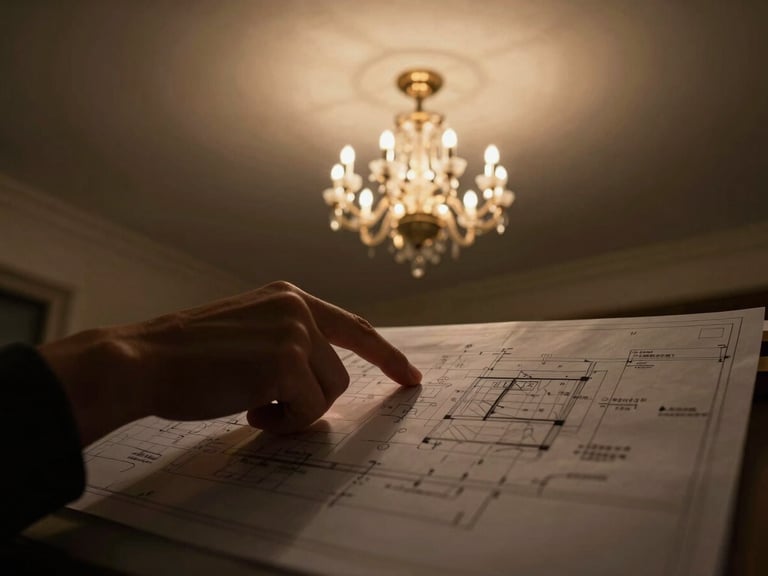 Architect's hand pointing to a bespoke drop-length specification on a reflected ceiling plan, with a glowing chandelier rendering superimposed, low-key lighting, deep shadows.