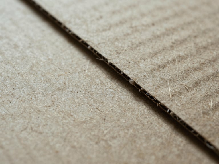 Extreme macro shot of clean, dry cardboard fiber composition, showing high-density kraft paper texture under cool-toned industrial lighting, sharp details.
