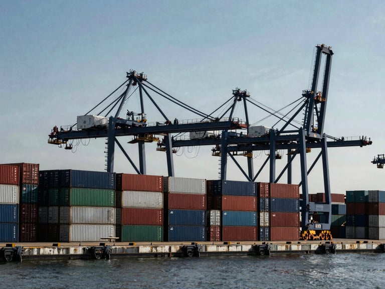 High-contrast industrial daylight shot of a deep-water port with shipping containers stacked neatly, crane silhouettes against a cool sky