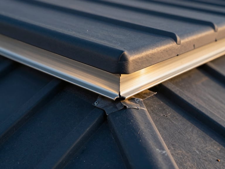 Macro shot of flawless metal flashing and sealant joints on a newly repaired roof valley, crisp focus.
