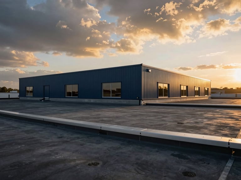 Wide-angle shot of a clean, modern commercial flat roof installation with precise metal coping, dramatic sky.