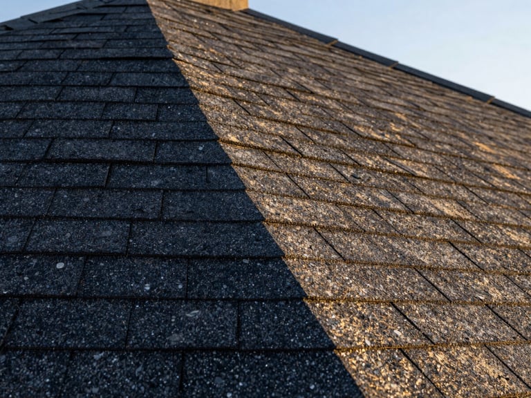 Low-angle close-up of dark charcoal architectural shingles with clean lines under bright daylight, highlighting texture.
