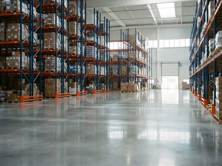 Bright high-key daylight reflecting off polished concrete floors in a massive, neatly organized warehouse distribution center with clean steel racks, 35mm photography