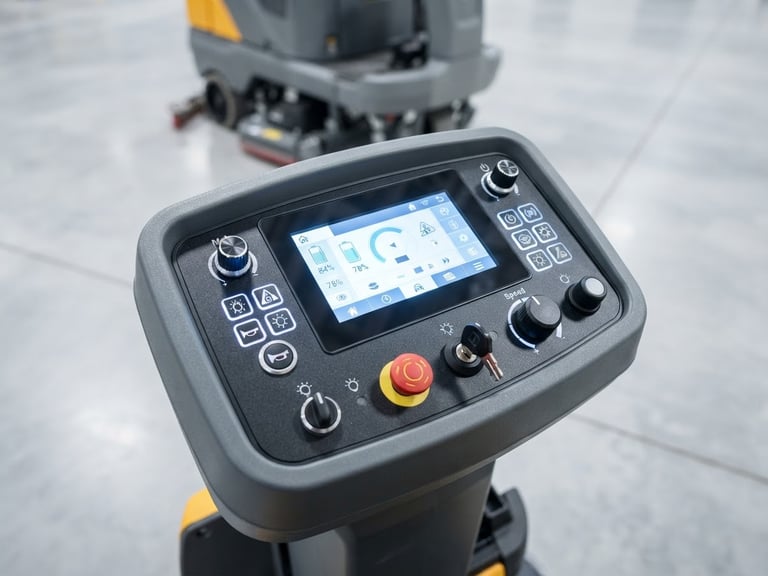 Close-up of a high-end digital control panel on an industrial scrubber-dryer, bright high-key lighting, clean polished concrete background, 35mm