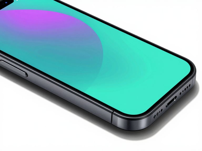 Macro close-up of a sleek smartphone displaying a high-contrast teal and orchid user interface, sharp shadows, crisp studio lighting