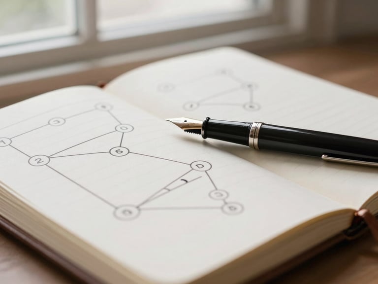 Close-up of a premium leather notebook with strategic communication diagrams, fountain pen resting on the page, soft natural window light, 35mm