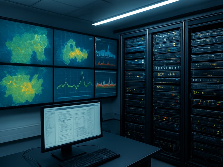 Panoramic control room with multiple large displays showing network coverage maps and spectrum charts, rows of rack-mounted radio equipment with LED status indicators, cool blue-white studio lighting revealing precise cable routing and equipment labels, no people visible, technical documentation visible on foreground monitor