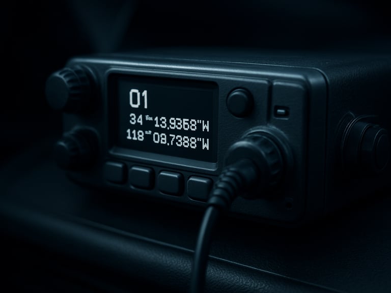 Close-up of a vehicle-mounted PoC radio terminal dashboard, digital display showing active channel and GPS coordinates, control buttons in sharp focus, cool studio lighting revealing connector and panel texture, dark cab interior background