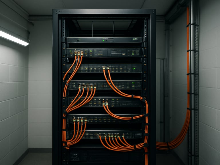 Wide shot of a rack-mounted digital radio repeater installation inside a technical room, multiple antenna patch cables organized with cable management, cool white fluorescent lighting revealing equipment labels and status LEDs, full equipment bay visible