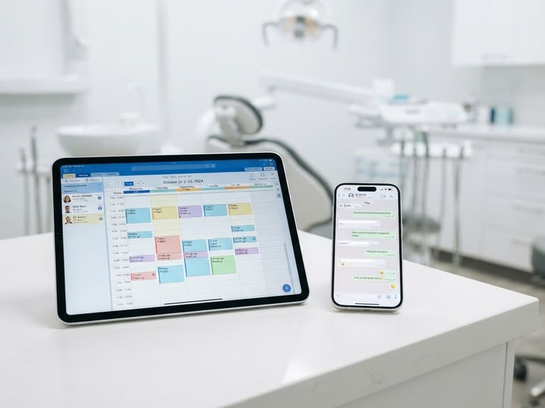 Bright high-key product photography of a modern tablet displaying dental scheduling software next to a smartphone showing a WhatsApp chat, clinical dental office lighting, crisp details, 35mm.