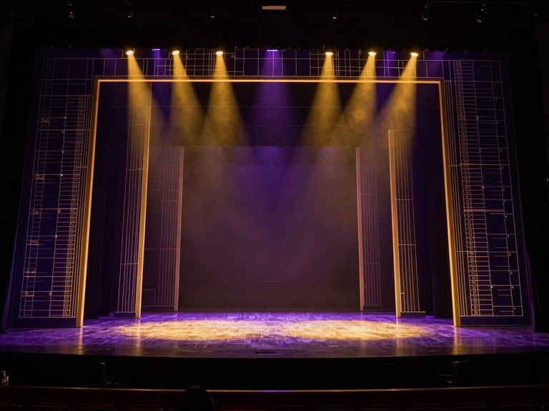 Dramatic stage design blueprint on a screen, high-contrast purple and gold lighting glowing in a dark production studio, wide-angle lens