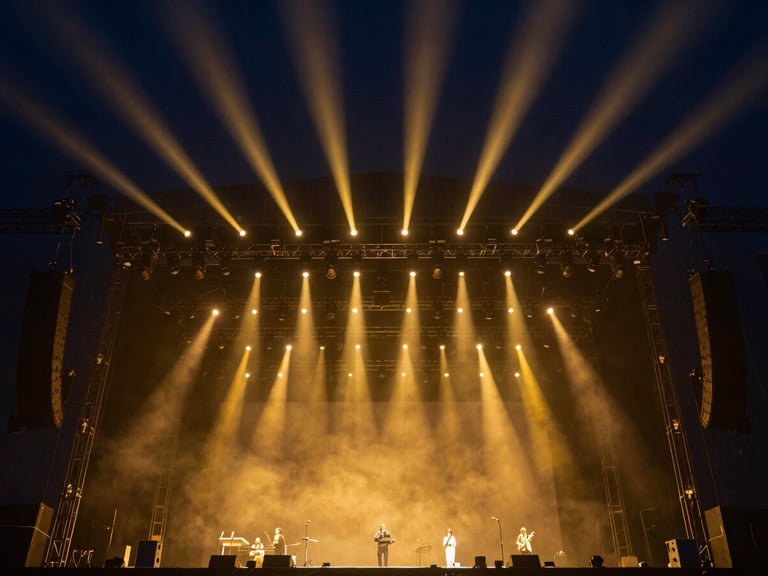Wide-angle view of massive illuminated concert stage rigging, deep navy backlighting, golden spotlights cutting through atmospheric haze, extreme scale