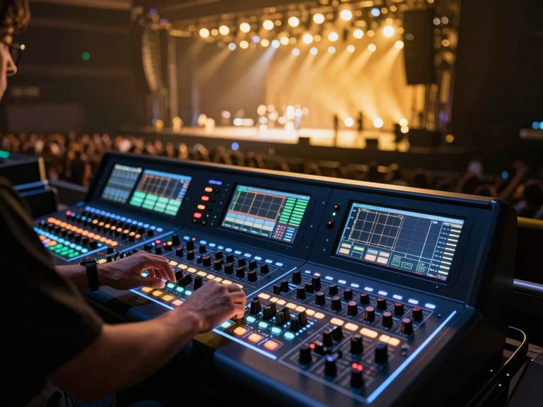 Close-up of a technical director's hands adjusting a professional lighting console, glowing neon controls, blurred background of a massive live event stage, sharp focus