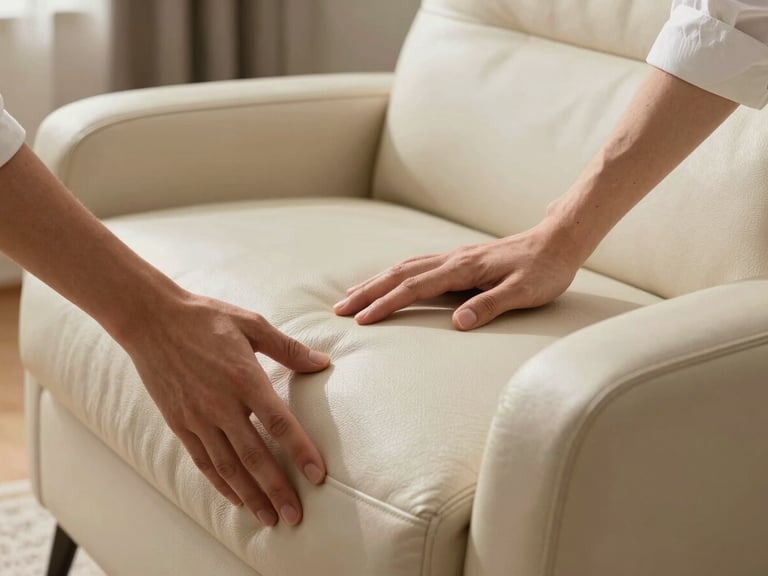 Hands gently testing the supple, pristine texture of a treated aniline leather armchair, warm natural light pouring over an elegant minimalist residential interior.