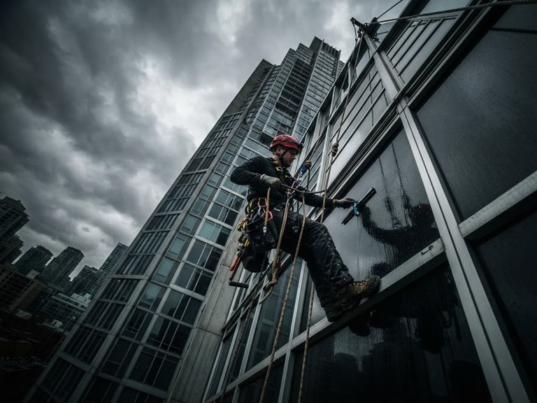 Low-angle dynamic shot of an industrial climber suspended by ropes against a modern architectural facade, high contrast, dramatic overcast sky, gritty industrial photography.