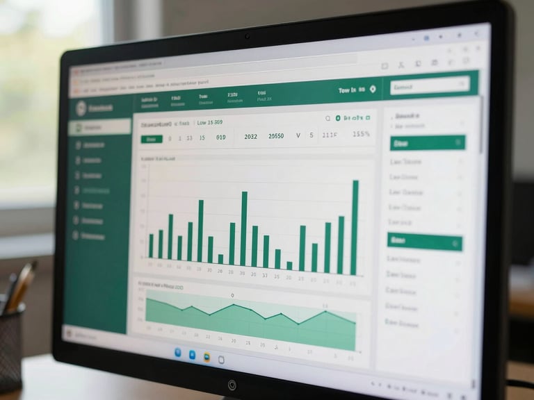 Close-up of a stock management dashboard on a monitor showing inventory levels, bar charts, and low-stock alerts in a forest-green and white UI, natural daylight from a nearby window, sharp focus on the screen data