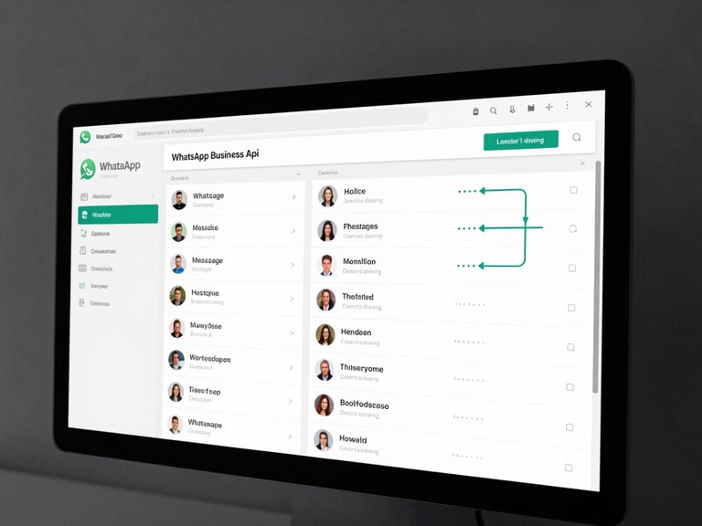 WhatsApp Business API integration dashboard on a monitor showing message flows, chatbot conversation threads, and agent handoff queue in a clean minimal interface, studio-controlled lighting, dark neutral background