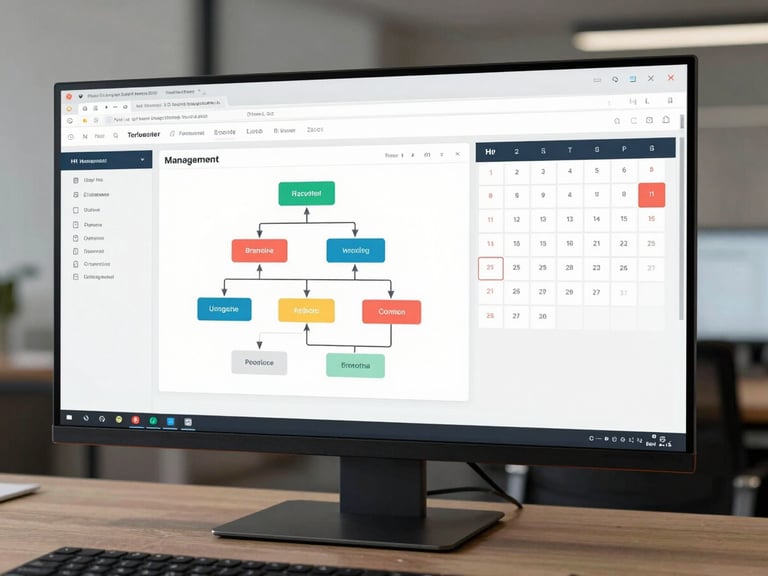 HR management system interface on a large monitor showing employee records, org chart, and leave calendar in a minimal dark-on-white UI, studio-controlled even lighting, conference room environment