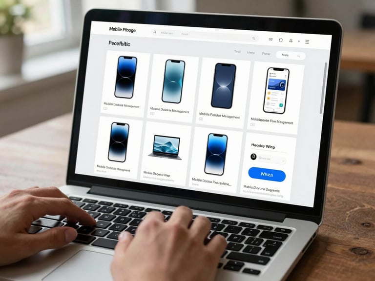 Mobile Device Management console on a laptop screen showing a grid of enrolled devices, policy compliance badges, and remote wipe controls, hands resting on keyboard, natural daylight from left, close environmental shot
