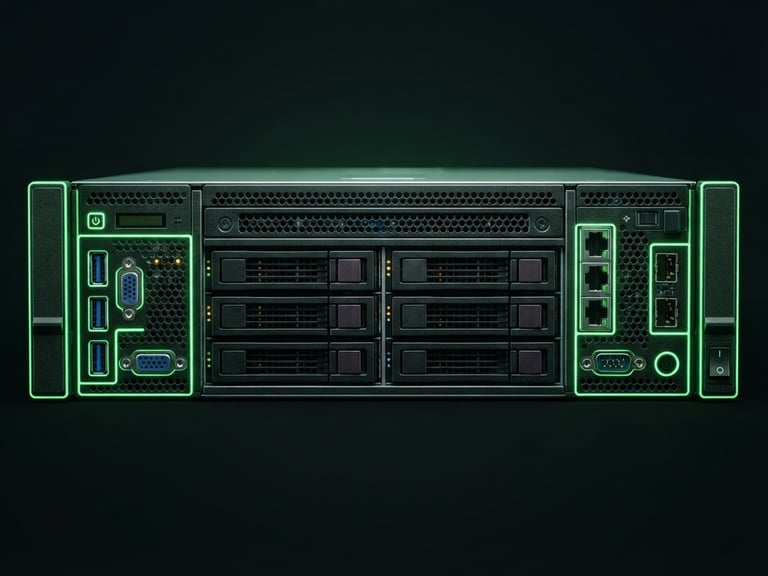 Symmetrical front profile of a rackmount enterprise server, dark matte background, sharp neon green rim lighting on ports, macro lens style.