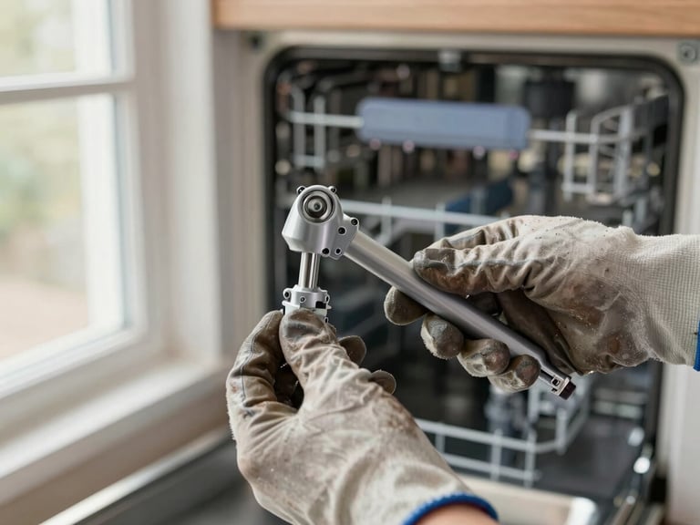 Tight close-up of a technician's hands removing a dishwasher spray arm, component held up against natural window light from the left, worn work gloves, interior of a domestic kitchen visible softly out of focus behind