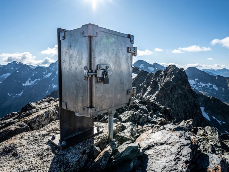 Crisp industrial photography of a rugged metallic EncloTech outdoor enclosure installed on a remote mountain peak under harsh natural sunlight, high-contrast silver and deep slate tones.