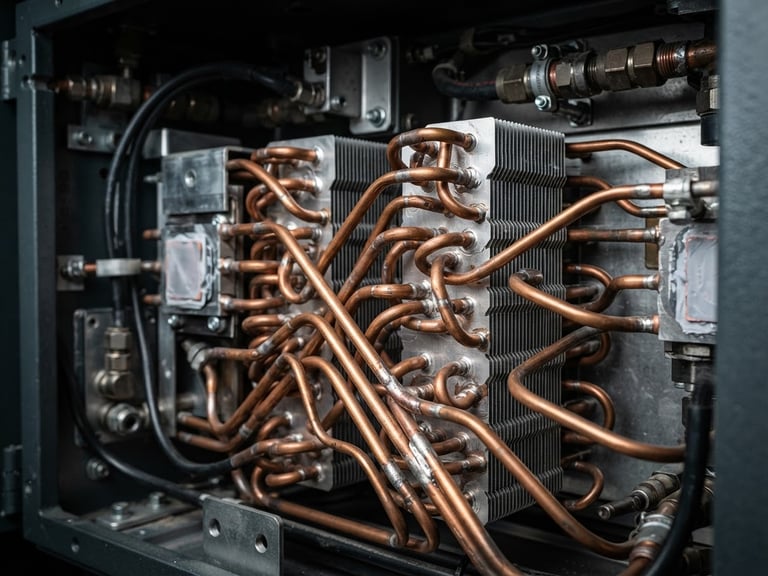 Macro photograph of precision copper heat exchangers inside an industrial enclosure, high-contrast studio lighting, metallic silver tones