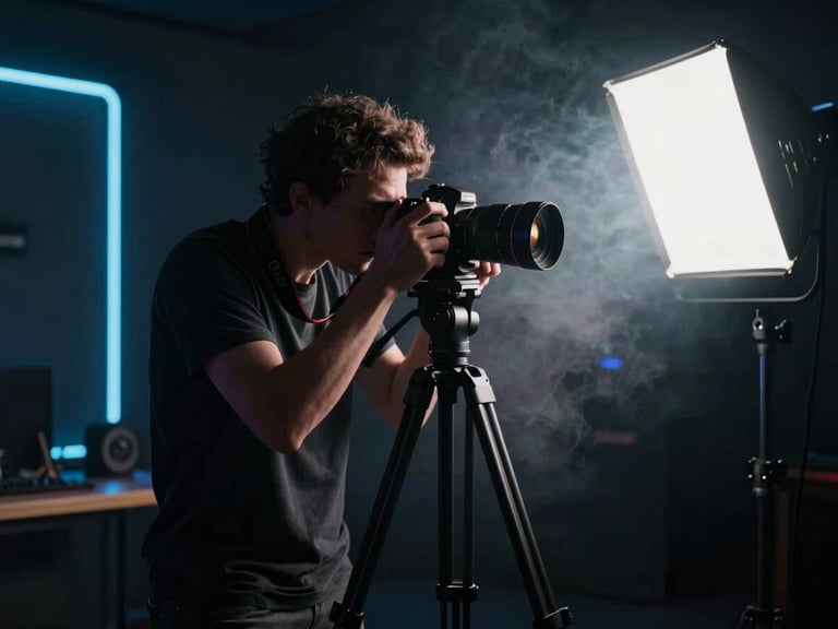 A professional photographer adjusting a camera on a tripod in a dark studio, dramatic directional key light, neon accents, atmospheric smoke