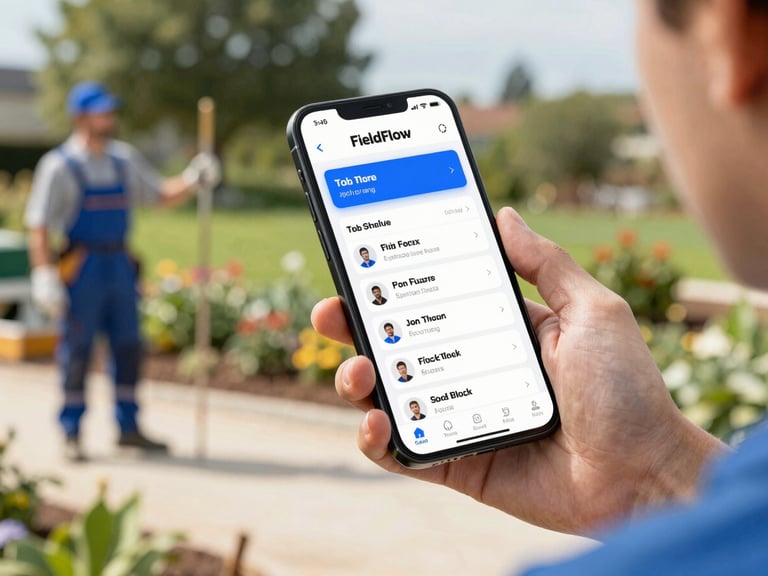 Clean UI mockup of FieldFlow mobile app showing a clear job schedule with assigned technicians and job details, bright natural daylight, hands holding phone, over-the-shoulder view of a landscaper on site, 35mm.