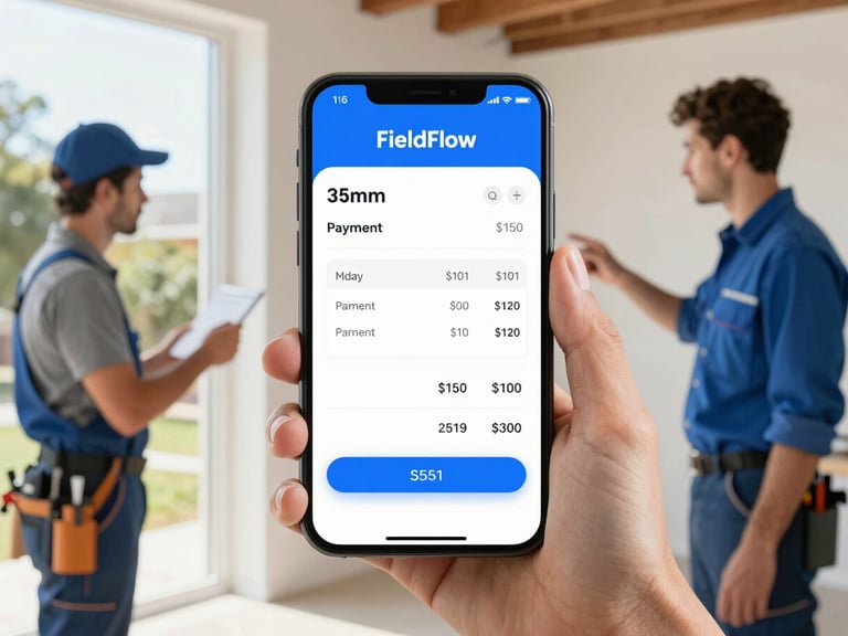 Clean UI mockup of FieldFlow mobile app showing an invoice generation screen with payment options, bright natural daylight, hands holding phone, plumber interacting with client on site, 35mm.