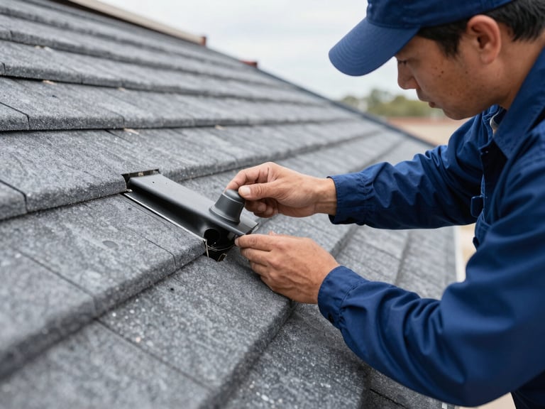 Close-up of a uniformed technician carefully inspecting roof flashing for water entry points, bright Texas daylight, crisp details, 50mm lens