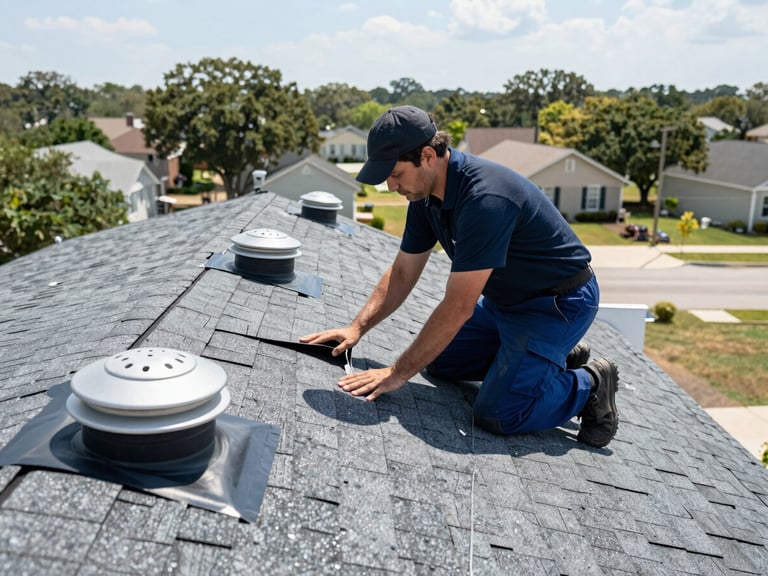 Technician on a residential roof conducting a detailed inspection, examining shingle integrity and sealant around vents, bright Texas daylight, Bryan-College Station neighborhood in background, 50mm lens