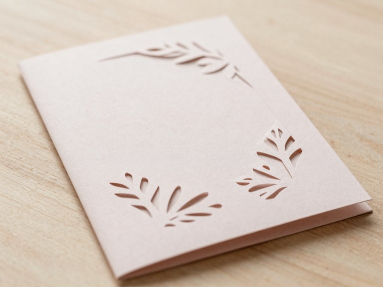Overhead shot of a beautifully crafted personalized card with delicate paper cut details, styled on a light wooden surface, soft diffused daylight, matte linen texture.