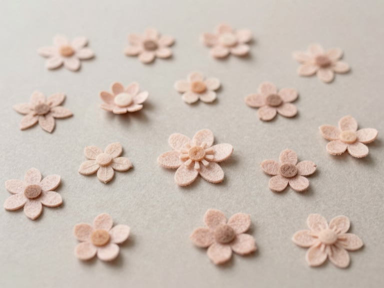 Flat lay of small, intricately cut felt flowers arranged on a light taupe background, ready for assembly, soft diffused daylight, muted blush tones.
