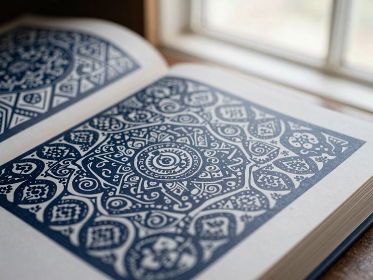 Close-up of a beautifully illustrated art book, open to a page with intricate traditional Indonesian patterns, soft window light, rich paper texture, deep navy tones, shallow depth of field, 35mm